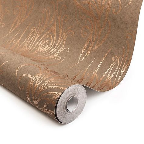 Quill Copper Wallpaper by Graham and Brown Brown Gold Wallpaper, Decorating With Copper, Brown And Gold Wallpaper, Wallpaper For House, 1912 House, Guess Bathroom, Living Room Cinema, Plaster Stencil, Bistro Interior