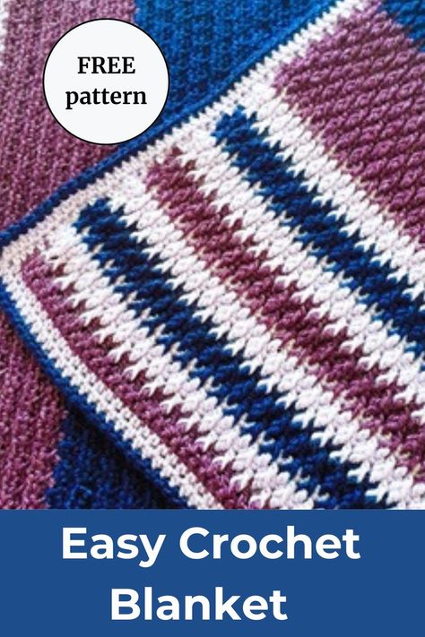 Crochet striped blanket with the corner turned over Alpine Stitch Crochet Blanket, Stripe Crochet Blanket Pattern, Easy Crochet Blankets Free, Alpine Stitch Crochet, Stripe Crochet Blanket, Crochet Blanket Free Pattern, Crochet Patterns Blanket, Easy Crochet Blanket Pattern, Crochet Blanket Free