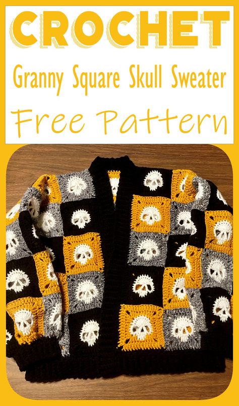 Granny Square Skull Sweater Spooky Granny Square Pattern Free, Crochet Patterns Unique, Fall Granny Square Crochet Pattern, Crochet Sweater Granny Square Pattern, Crochet Top Granny Square Free Pattern, Crochet That Looks Like Knit, Spooky Crochet Clothes, Granny Square Layout Ideas, 2d Crochet Patterns