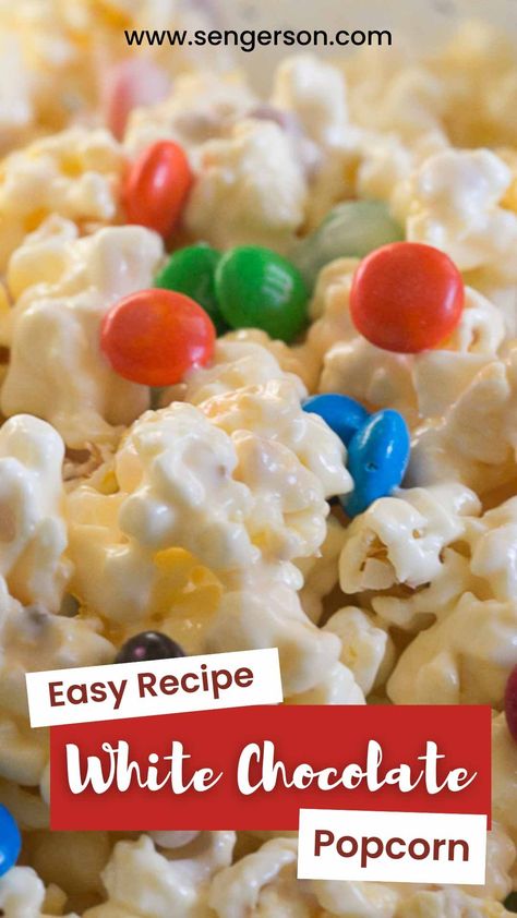 White Chocolate Popcorn Popcorn Chex Mix White Chocolate, Candy Popcorn Recipe Simple, Popcorn Almond Bark Recipe, Popcorn White Chocolate M&m, White Chocolate Mix Recipes, Popcorn Bark Recipes, White Chocolate Coated Popcorn, White Chocolate Peanut Butter Popcorn, White Chocolate Puff Corn Recipes