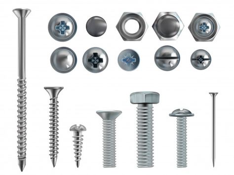 3d realistic illustration of stainless steel bolts, nails and screws on white background. Free Vector Build Outdoor Furniture, Sigma Boy, Diy Furniture Building, Realistic Illustration, Pocket Screws, Pocket Hole Screws, Stainless Steel Bolts, Drywall Screws, Nuts And Washers