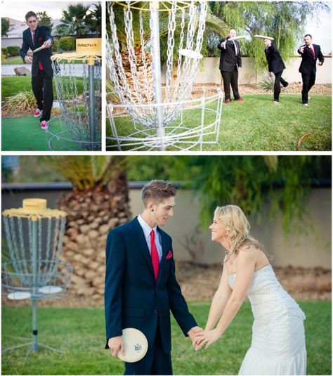 Playing disc golf before the ceremony at this private Vegas home begins. Photo: Josh & Jen Photography...Justin Trails Resort offers two champion courses and is a gorgeous venue for rustic, country weddings complete with real live llamas. www.justintrails.com Disc Golf Party, Disc Golf Wedding, Golf Wedding Ideas, Disk Golf, Golf Card Game, Dubai Golf, Golf Course Photography, Golf Wedding, Disc Golf Courses