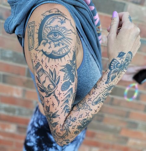 Random Tattoo Arm Sleeve, Women Nature Sleeve Tattoo, Gothic Style Sleeve Tattoo, Hourglass Tattoo Stencil Outline, Woman Half Sleeve Tattoo Lower Arm, Tattoo Covers For Women, Women Traditional Sleeve, Multi Style Tattoo Sleeve, Symmetrical Arm Tattoo Women