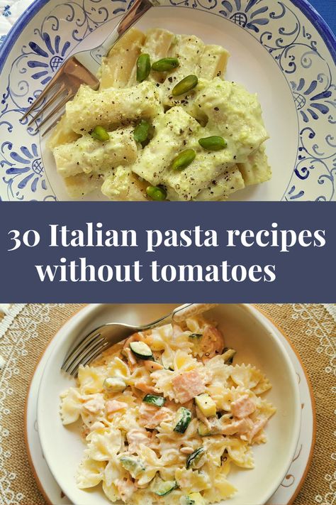 This collection of authentic Italian pasta recipes includes 30 delicious tomato free pasta recipes, all made without tomato sauce or fresh tomatoes. Here you will find both vegetarian, and vegan choices, as well as some with meat and with seafood. So something for everyone! Pasta Without Sauce, Recipes Without Tomatoes, Authentic Italian Pasta Recipes, Appetizer Healthy, Casserole Pasta, Pasta Dessert, Authentic Italian Pasta, Pasta For Dinner, Traditional Pasta