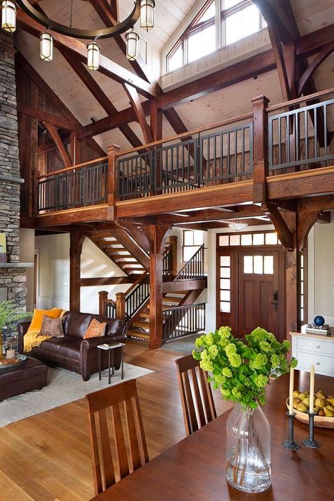 Inviting timber frame house tucked into a serene forest in the Catskills Timber Frame Home Interiors, Dream Home Farmhouse, Wood Burning Furnace, Timber Frame Cabin, Gambrel Barn, Barn House Interior, Stairs Railing, Timber Frame House, Farmhouse Cabin