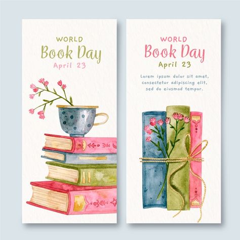 Watercolor world book day banners Free V... | Free Vector #Freepik #freevector #watercolor Book Day Drawings, Creative Bookmarks Design Free Printable, Watercolor Books Painting, Book Mark Designs, Books Watercolor, Books Drawing, Book Drawings, Book Watercolor, Book Painting