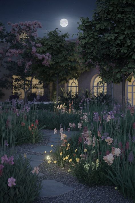 Transform your garden into a nighttime paradise with twinkling lights and lush blooms! 🌙✨ Let's create magical moments under the stars. Share your garden glow with us! 💚 #GardenBliss . #homeandgarden #betterhomesandgardens #homegardening #homesandgardens #homegarden #gardenhome #gardeningathome #flowers #plants #beautifulflowers Nature Aesthetic Painting, Moon Light Garden, Nighttime Garden, Ghost Oc, Celestial Garden, Moonlit Garden, Moonlight Garden, Twilight Garden, Garden Pathways