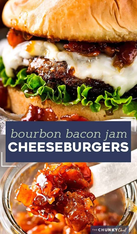 The only thing better than a juicy cheeseburger on a toasted bun, is a juicy cheeseburger topped with homemade bourbon bacon jam! Regular condiments are a thing of the past! #baconjam #cheeseburger #grilling #baconcheeseburgers #bourbon Bourbon Bacon Jam, Bourbon Jam, Bacon Jam Burger, Homemade Bourbon, Pineapple On Pizza, Bacon Jam Recipe, Bourbon Bacon, Easy Baked Beans, The Chunky Chef