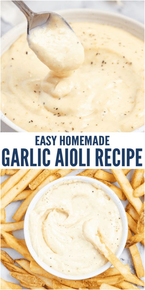 Ultra rich and creamy, this blended roasted garlic aioli will be your new favorite homemade condiment. Made with roasted garlic, dijon, parmesan, and a splash of lemon juice makes it perfect on top of your favorite sandwich or burger and great to dunk french fries into. #aiolirecipe #condiment #roastedgarlic #homemadeaioli #homemadesauce #homemademayo Aoli Recipe Aioli Sauce, Herb Aioli Recipe, Vegan Garlic Aioli, Aoili Recipe, Aioli Sauce Recipe, Herb Aioli, Mediterranean Sauce, Garlic Aioli Sauce, Garlic Aioli Recipe