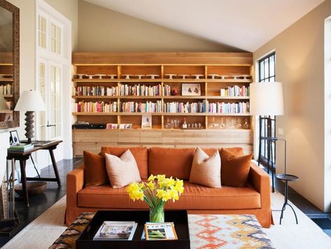 You Have to See Ina Garten’s Cookbook Library | Kitchn Ina Garten Cookbooks, Reading Room Design, Cookbook Library, California Decor, Hampton Home, Orange Sofa, Barn Kitchen, 1001 Pallets, Barefoot Contessa