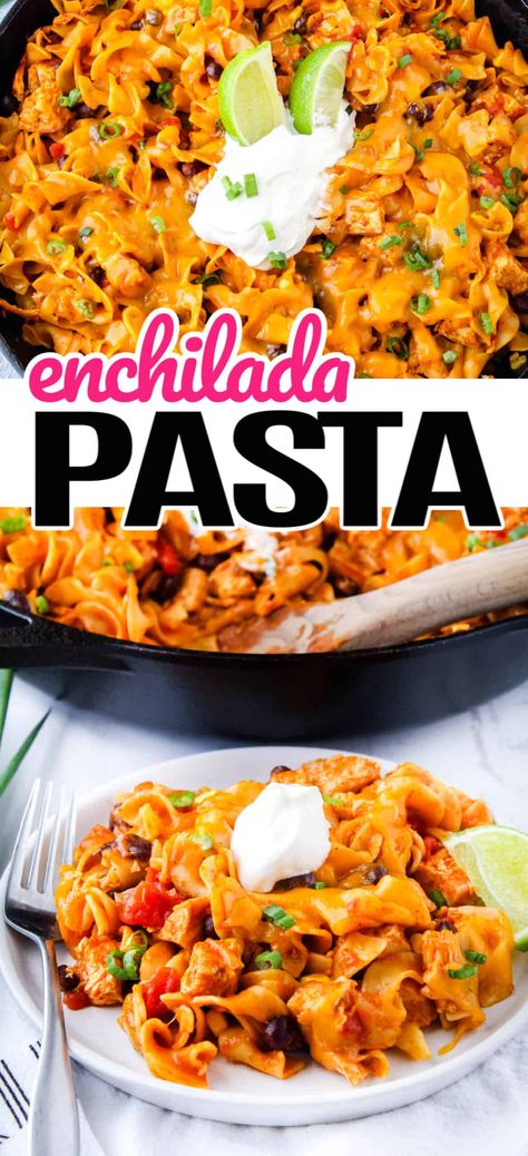 Enchilada Pasta is a quick one-pot dish your family will love! This Mexican-inspired pasta is loaded with corn, black beans, and egg noodles with a touch of spice! #RealHousemoms #enchilada #pasta #onepotmeal #eggnoodles #texmex #easydinner Recipes Using Egg Noodles, Beef Enchilada Pasta, Pork Casseroles, Rotisserie Chicken Enchiladas, Lasagna Dinner, Chicken Enchilada Pasta, Chicken And Egg Noodles, Recipes For School, Crockpot Chicken Enchiladas