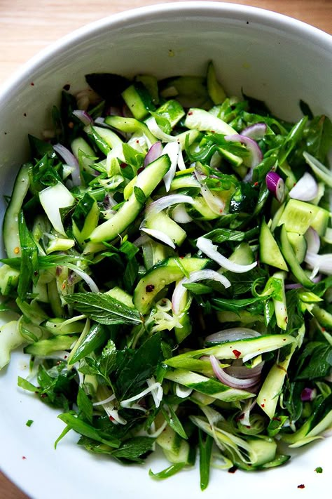 Classic & Simple Cucumber Salad | Alexandra's Kitchen Cucumber Mint Salad, Cucumber Dressing, White Balsamic Vinaigrette, Mint Salad, White Balsamic Vinegar, Vegan Salads, Favorite Cookbooks, Summer Eating, Nut Bread