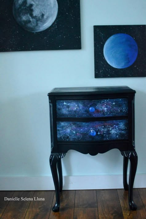 Moon Painted Furniture, Dragon Painted Furniture, Pour Painting Furniture, Witchy Painted Furniture, Celestial Furniture, Alien Furniture, Galaxy Furniture, Upcycled Furniture Before And After, Galaxy Bedroom