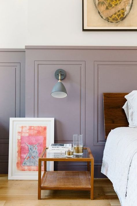 Wainscoting: The Architectural Detail That Makes A Room | Apartment Therapy Cozy Bedroom Lighting, Wainscoting Height, Wainscoting Bedroom, Dining Room Wainscoting, Wainscoting Styles, Diy Wainscoting, Purple Interior, Purple Walls, Bedroom Decorating Ideas