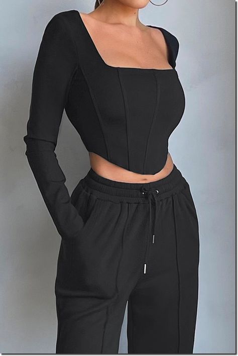 Black Corset Top Outfit, Wide Leg Trousers Outfit, Long Sleeve Corset Top, Corset Top Outfit, Long Sleeve Corset, Corset Fashion Outfits, Basic Instinct, Corset Outfit, Black Corset Top