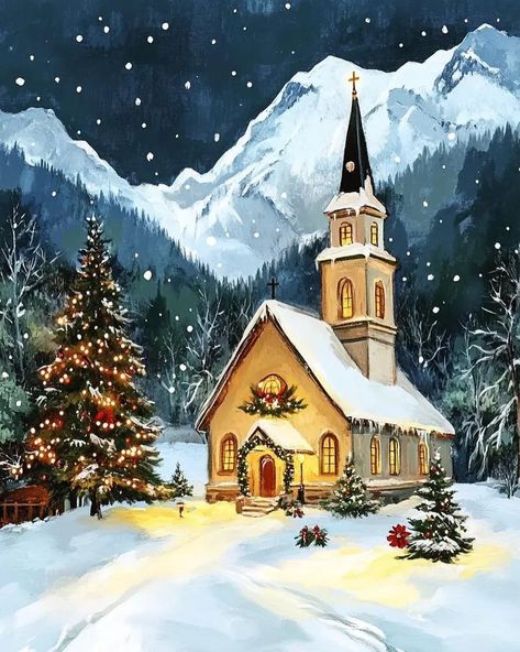 Instagram photo af Christmas Time. • Nov 28, 2024 at 4:23 PM Christmas Church Painting, Old Church Paintings, Christmas Church Decorations, Xmas Painting Ideas, Christmas Mountains, Bible Cover Ideas, Pictures Of Churches, Church Journal, Christmas Sled Decoration