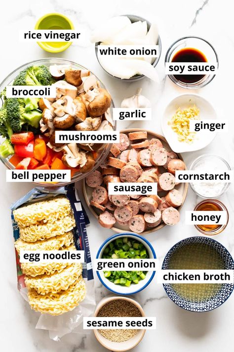 Sausage Stir Fry Recipes, Soy Sauce Broccoli, Crockpot One Pot Meals, Mongolian Ground Beef Noodles, Farmer Sausage, Sausage Stir Fry, Mongolian Ground Beef, Crispy Vegetables, Ground Beef Noodles