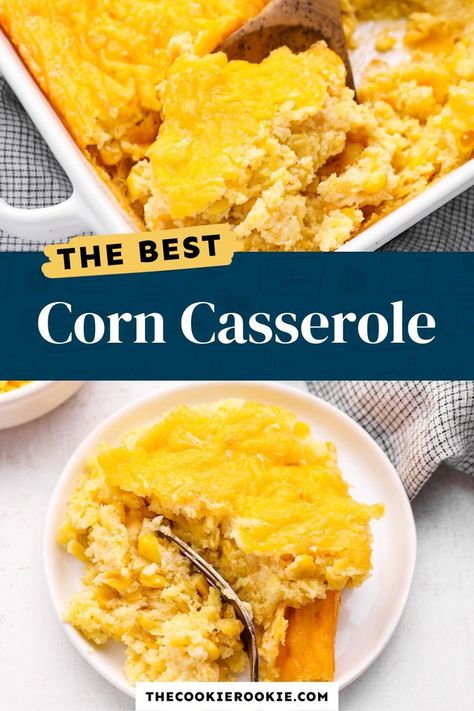 This easy Jiffy corn casserole recipe is light and fluffy with sweet, creamy corn and savory cheese. It’s low maintenance, packed with flavor, and it’s the perfect side dish for any holiday meal! Pop over to my site for the recipe! | side dishes | thanksgiving recipes | christmas recipes | Jiffy Corn Casserole Recipe, Baked Ham Recipes, Corn Casserole Jiffy, Cheesy Casserole Recipes, Easy Corn Casserole, Thanksgiving Stuffing Recipes, Corn Casserole Recipe, The Cookie Rookie, Savory Cheese