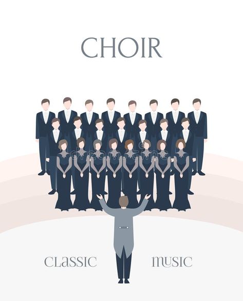 Vertical advertising poster of performance classical choir. Man and woman singers together with conductor. Colorful. Photo about choral, opera, lettering, concert, holiday - 94294006 Conductor Illustration, Choir Poster, Choir Quotes, Church Brochures, Classical Music Poster, Music Clipart, Concert Poster Design, Woman Singing, Midsomer Murders