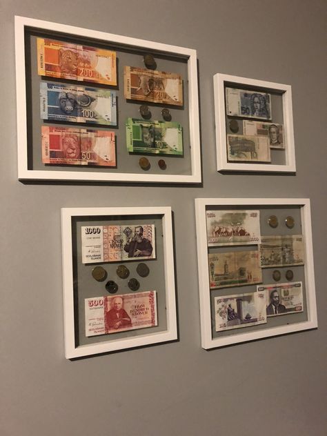 Currency Display Ideas, How To Display Foreign Currency, Foreign Currency Display Ideas, Money Frame, Coin Frame, Space Saving Furniture Bedroom, Souvenir Display, Travel Gallery Wall, Money Stickers