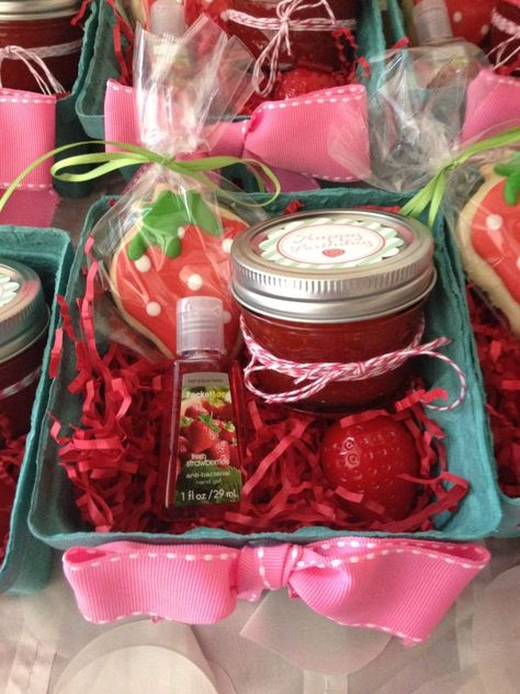 Berry Sweet Strawberry Party | CatchMyParty.com Strawberry Theme Gift Ideas, Strawberry Jam Party Favor, Strawberry Party Favor Ideas, Strawberry Favors Ideas, Strawberry Birthday Favors, Strawberry Theme Goodie Bags, Berry Party Favors, Strawberry Birthday Party Favors, Strawberry Goodie Bags