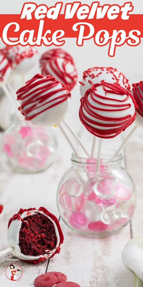 Easy red velvet cake pops have the flavor of red velvet cake and <span class="wprm-glossary-term wprm-glossary-term-43810 wprm-tooltip" data-tooltip="high fat dairy product/ also to beat one or more ingredients, usually margarine or butter, sugar, and/or eggs, until the mixture is smooth and fluffy.">cream</span> cheese frosting in every bite. Decorate them for any occasion! Red Velvet Cake Pops Recipe, Homemade Red Velvet Cake, Red Velvet Cheesecake Cake, Red Velvet Cake Pops, Oreo Cake Pops, Cake Pops Recipe, Pops Cake, Red Velvet Cheesecake, Cake Pop Recipe