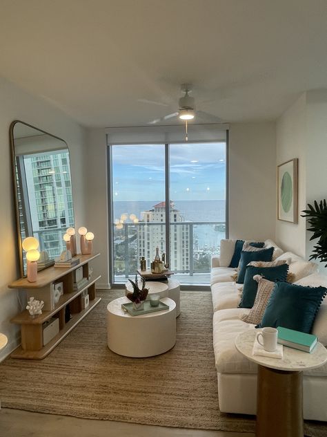 City Apartment Living Room Aesthetic, First Condo Aesthetic, Miami Condo Living Room, Modern Miami Apartment, Florida Beach Apartment, Apartment In Florida, Florida Apartment Aesthetic, La Apartment Aesthetic, Hawaii Apartment