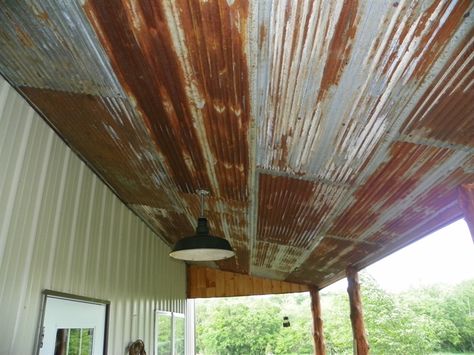 Rusty Tin ceiling on porch... Old Tin Under Porch Roof, Tin Porch Ceiling, Metal Porch Ceiling, Screen Porch Ceiling, Rustic Tin Ceilings, Rustic Farmhouse Front Porches, Farmhouse Front Porch Decorating, Tin Ceilings, Farmhouse Front Porch