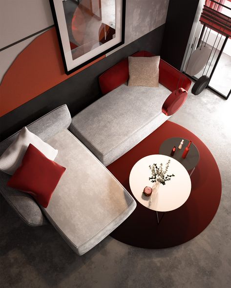 Modern Red Living Room, Grey Red Living Room, Red Modern Living Room, Red Interior Design Modern, Living Room Designs Red And Grey, Moveable Partition Wall, Red Apartment, Red Interior Design, Red Living Room