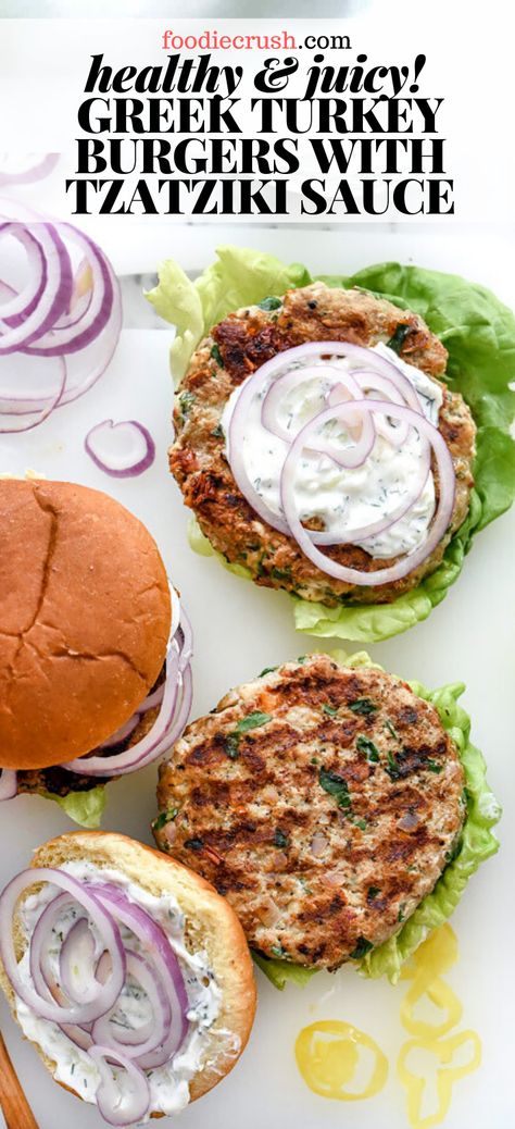 Burgers Healthy, Greek Burger, Zucchini Burger, Greek Turkey, Greek Turkey Burgers, Grilled Turkey Burgers, Juicy Turkey, Healthy Burger, Homemade Tzatziki