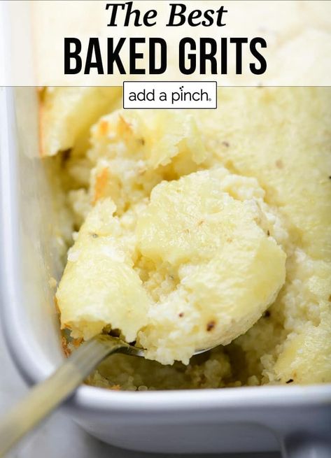 This Baked Cheese Grits Casserole recipe features creamy grits cooked with butter and cheese and then baked into a delicious casserole. //addapinch.com #bakedgrits #grits #gritscasserole #addapinch Easy Grits Recipe, Baked Cheese Grits, Baked Grits, Cheesy Grits Recipe, Cheese Grits Casserole, Cheese Grits Recipe, Grits Breakfast, Stone Ground Grits, Grits Casserole