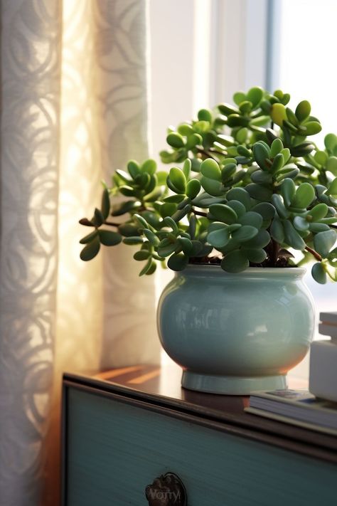 Jade Plant Aesthetic, Hanging Jade Plant, Bedroom Flowers Plants, Jade Plant Decor Ideas, Bedroom Plant Ideas, Cactus Plants Indoor, Plant Branding, Potted Plants Indoor, London Home Decor