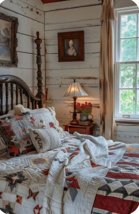 The Princess and the Peddler Primitive Farmhouse Bedroom, Colonial Farmhouse Interior Design, Rustic Cottage Bedroom, Americana Bedroom, Moody Lighting, Distressed Wood Furniture, Primitive Bedroom, Farmhouse Bedrooms, Farmhouse Bedroom Ideas