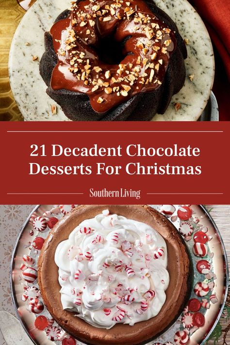 It's the most decadent time of the year! So it only makes sense to end your holiday meal with the most decadent dessert there is: anything with chocolate. This collection of impressive chocolate dessert recipes includes cakes large and single-serving, cheesecakes of many flavors, pies, and a few surprises too. (And many of them are even make-ahead.) The one thing they all have in common is that they are beautiful and delicious, which is exactly what you want in a holiday dessert. #desserts #christmas #holiday #chocolate #chocolatedesserts Dessert For Chocolate Lovers, Chocolate Christmas Recipes, Dessert For Family Dinner, Christmas Dinner Party Desserts, Christmas Desserts Make Ahead, Traditional New Year’s Day Dessert, Chocolate Dessert Christmas, Best Chocolate Dessert Recipes, Desserts For New Years Eve Party