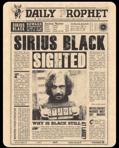 Daily Prophet Sirius Black, Newspaper Tattoo, Spell Book Diy, Winnie Sanderson, Harry Potter Daily Prophet, Hocus Pocus Book, Daily Prophet, Flyer Poster, Sirius Black