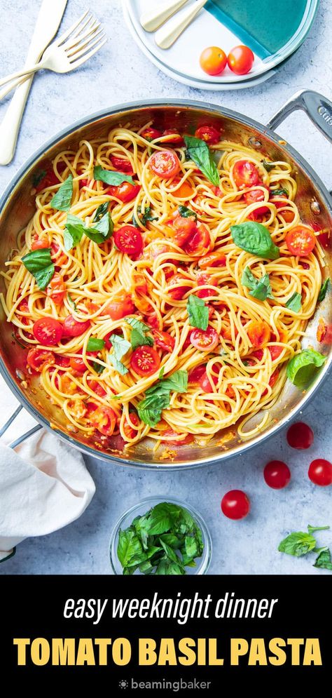 Tomato Basil Pasta from Beaming Baker. You’ll love this deliciously simple Tomato Basil Pasta that’s packed with juicy cherry tomatoes, aromatic fresh basil, and a touch of tangy parmesan. Easy dinner recipe! Tomato Basil Spaghetti Sauce, Beaming Baker, Basil Pasta Recipes, Tomato Basil Pasta Sauce, Tomato Pasta Salad, Garlic Roasted Potatoes, Tomato Basil Pasta, Pasta Side Dishes, Basil Recipes