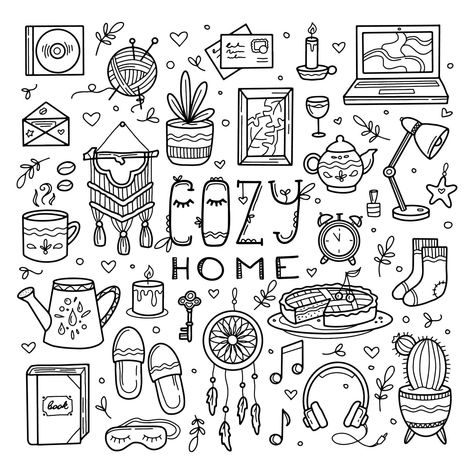 Sweet cozy home icon set, hand drawing doodle Interior Doodle Art, College Doodles, Therapy Doodles, Manifestation Images, Doodle Journaling, Cozy Home Aesthetic, Doodle Notebook, Embroidery Journal, Banner Doodle