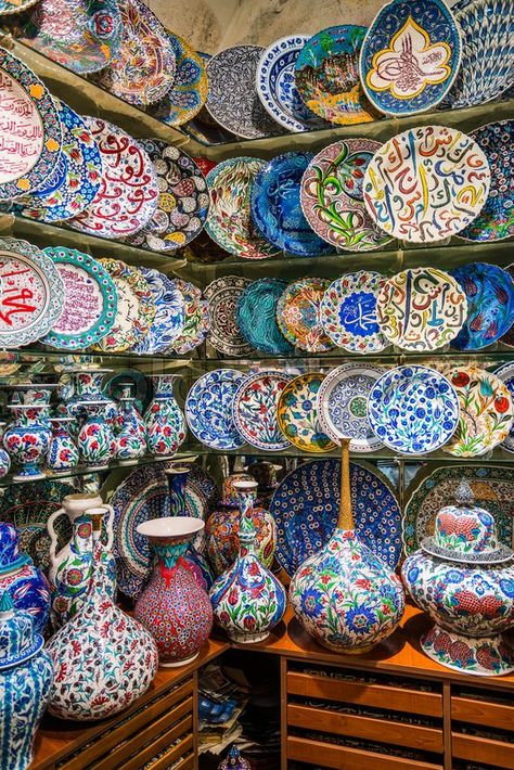 Stock image of 'Turkish ceramics on the market' Turkish Ceramic Plates, Turkish Culture Aesthetic, Turkish Decoration, Ottoman Aesthetic, Turkish Aesthetic, Turkey Culture, Moroccan Pottery, Turkish Pottery, Turkish Decor