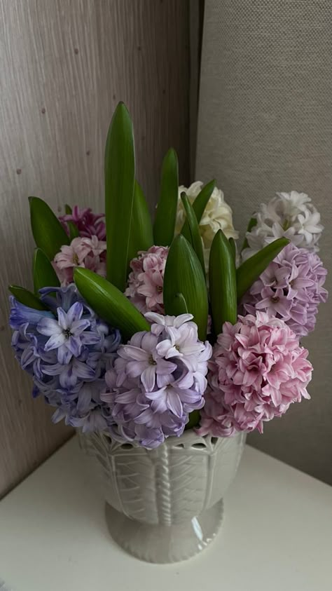 #hyacinth #flowers #springflowers Hyacinth In Vase, Hyacinth Table Decoration, Hyancith Flower Aesthetic, Hycanith Flower Aesthetic, Crysathumums Flower, Hyacinths Aesthetic, Hyacinth Centerpiece, Hyacinths Bouquet, Hyacinth And Tulips