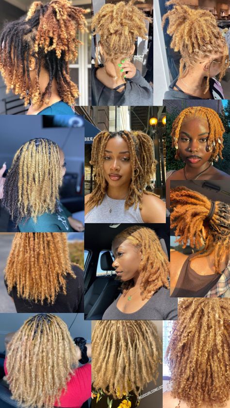 Locs style and color inspiration Ash Blonde Locs Black Women, Ash Blonde Locs, Ombre Locs Black Women, Honey Brown Locs Black Women, Honey Blonde Locs Black Women, Honey Brown Locs, Loc Hair Colors, Colored Locs Black Women, Dreads Dyed