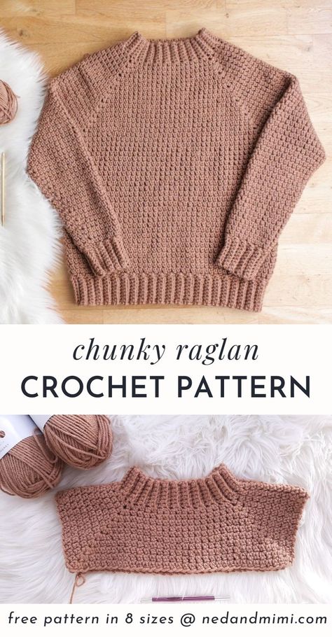 This chunky crochet raglan sweater is a cozy winter wardrobe staple! It is worked from the top down using #5/bulky yarn so it works up really quickly, and you can try it on as you go. The pattern is written for 8 sizes (XS - 4X). And the entire sweater is crocheted using a single stitch, so it's a great pattern to try if this is your first crochet sweater or pullover. Single Crochet Sweater Pattern Free, Bottom Up Crochet Sweater, Reglan Crochet Sweater, Crochet Sweater Simple, Crochet Wool Sweater Pattern Free, Crochet Raglan Pattern, Simple Sweater Crochet Pattern, Basic Sweater Crochet Pattern, Crochet Cozy Sweater