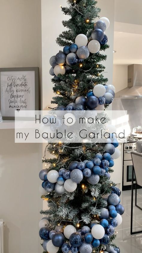 DANIELLE 🖤 on Instagram: “Here’s the video to show you how I make my bauble Garland. I’ve done this since our first Christmas in Australia as I really wanted…” Bauble Garland, Ideas Decoracion Navidad, Blue Christmas Tree Decorations, White And Gold Christmas, Bedroom Christmas Decor Ideas, Bedroom Christmas Decor, Christmas In Australia, Christmas Decor Ideas Outdoor, Christmas Garlands