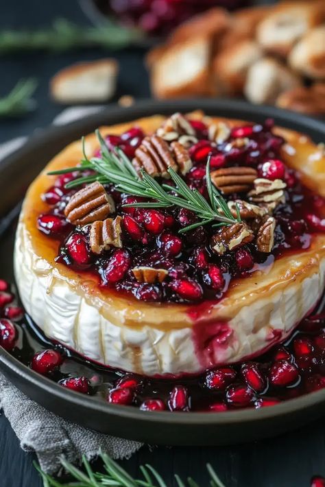 Baked Brie with Honey-Balsamic Cranberry Sauce - MmmRecipes : Easy and Delicious Recipes Baked Bree With Cranberry, Baked Brie With Cranberry Sauce, Cranberry Baked Brie, Honey Brie, Nye 2024, Brie Cranberry, Baked Brie Recipes, Cranberry Baking, Christmas Brunch Recipes