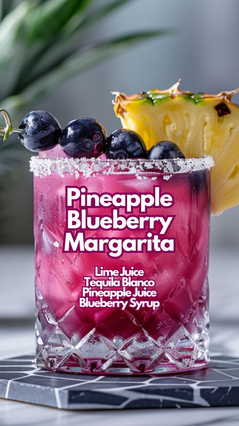 Pineapple Blueberry Margarita Fresh Margarita Recipe, Blueberry Simple Syrup, Blueberry Margarita, Blueberry Cocktail, Fresh Margarita, Cocktail Drinks Alcoholic, Blueberry Syrup, Yummy Alcoholic Drinks, Tequila Drinks