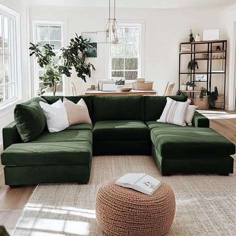 A Green Sectional Works With Any Style — Living Bright Interiors Green Chaise Lounge Living Rooms, Green Sofa Lounge Ideas, Fern Green Sofa Living Room, Styling Green Couch Living Room, Dark Green L Shaped Sofa, Apartment With Green Couch, Interior Design Green Sofa, Living Room Design Green Couch, Green Sofa Small Living Room