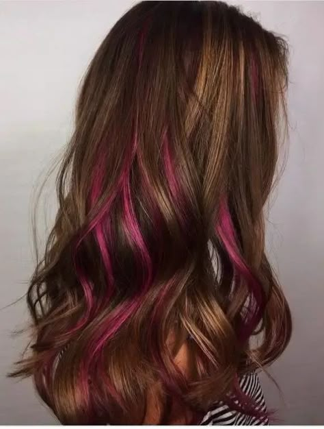 Pink Highlights In Brown Hair, Summer Hair Dye, Brown Hair With Pink Highlights, Highlights In Brown Hair, Colorful Highlights In Brown Hair, Brown Hair Styles, Brown And Pink Hair, Pink Hair Highlights, Pink Hair Streaks