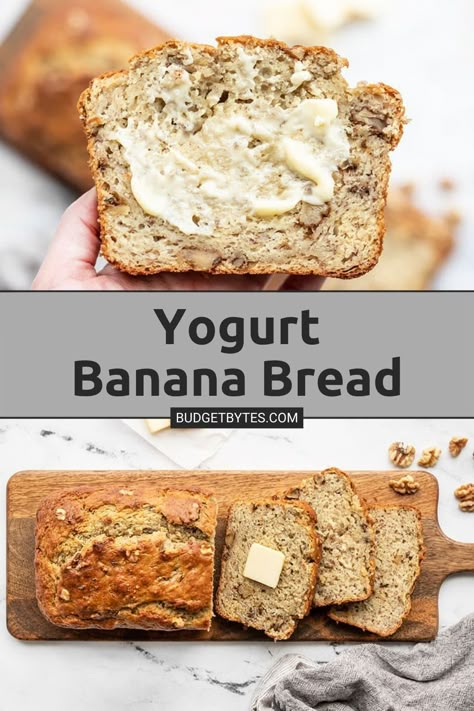 This super moist banana bread recipe uses plain yogurt to keep the bread soft and tender with less butter or oil. Add walnuts or even chocolate! Pop over to our site for the recipe! | bread recipes | breakfast and brunch | easy snacks | Banana Bread Recipe With Yogurt Healthy, Vanilla Greek Yogurt Banana Bread, Healthy Simple Banana Bread, Banana Bread Olive Oil, Yogurt Banana Bread Recipe, Banana Bread Yogurt Recipe, Banana Bread Made With Yogurt, Yogurt And Banana Recipes, Yoghurt Banana Bread