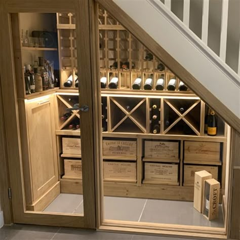 Home Wine Display, Wine Room Under Staircase, Understairs Wine Storage, Wine Under Staircase, Wine Cellar Under Stairs Staircases, Cupboard Under Stairs Ideas, Wine Room Under Stairs, Wine Under Stairs, Under Stairs Wine Storage