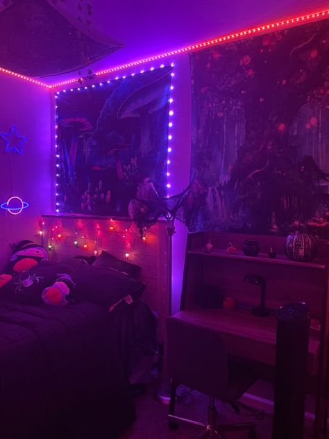 decorted my room for halloween! Halloween Themed Bedroom, Gothic Decor Bedroom, Halloween Bedroom Decor, Bedroom Purple, Halloween Room, Halloween Bedroom, Purple Rooms, Spooky Szn, Purple Halloween