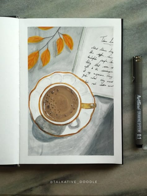 Coffee And Books Painting, Cup Of Coffee Painting Acrylic, Coffee And Painting Aesthetic, Coffee Gouache Painting, Aesthetic Coffee Painting, Coffee Cup Painting Canvas, Coffee Inspired Art, Paintings Of Coffee Cups, Coffee Aesthetic Painting